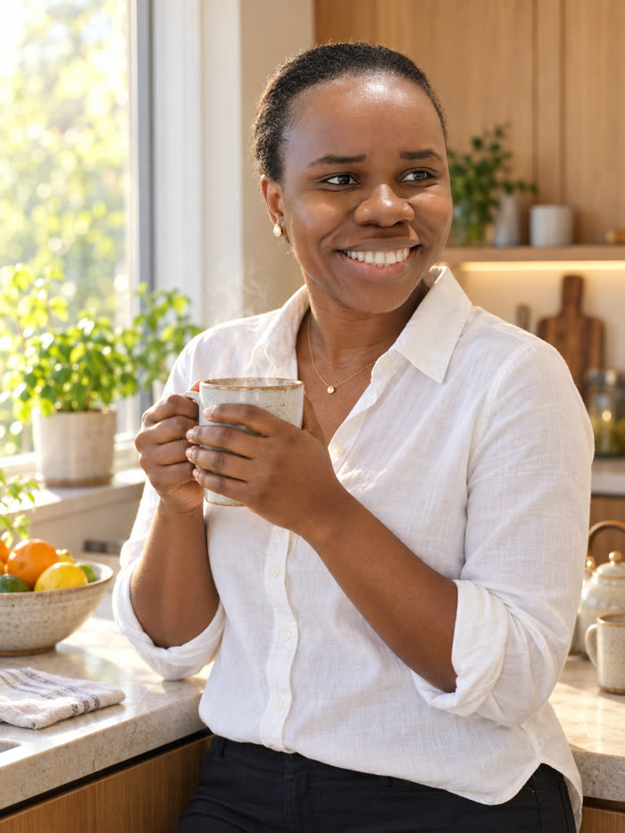 Agent smiling at home with coffee